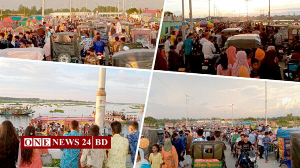 কিশোরগঞ্জের কুলিয়ারচর ও ভৈরব সংযোগ সেতু আলহাজ্ব জিল্লুর রহমান সেতুতে ঈদের ছুটিতে সরকারি বিধিনিষেধ অমান্য করে মানুষের উপচে পড়া ভীড় লক্ষ্য করা গেছে। প্রচুর ভীড় দেখে অনেক দর্শনার্থী প্রায় ৮/১০টি নৌকা ভাড়া করে, নৌকায় উচ্চ স্বরের স্পিকার লাগিয়ে ব্রিজের চারপাশে নাচানাচি করতেও দেখা গেছে। সারা দেশে করোনা মহামারীর প্রকোপ বৃদ্ধি পেলেও ঈদকে সামনে রেখে সরকার ঘোষিত কঠোর লকডাউন কিছুদিনের জন্য শিথিল করে। শিথিলের প্রজ্ঞাপনে পর্যটন এলাকা বন্ধ থাকবে বলা হলেও, এই বিধিনিষেধ অমান্য করেই শিথিলের শেষ দিনে আলহাজ্ব জিল্লুর রহমান সেতুতে মানুষের বাঁধভাঙা জোয়ার নামে। বৃহস্পতিবার (২২ জুলাই) বিকাল ৬ টা বাজে সরজমিন ঘুরে দেখা যায়, এই সেতুতে ঘুরতে আসা দর্শনার্থীদের মধ্যে কিছু সংখ্যক দর্শনার্থী মুখে মাস্ক ব্যবহার করলেও, অধিকাংশ দর্শনার্থীর মুখে ছিলোনা কোনা মাস্ক আর স্বাস্থ্যবিধিরতো বলাই নেই কারও মাঝে। করোনার এই ঝুঁকির মধ্যেও বিকাল গড়িয়ে সন্ধ্যা হয়ে আসলেও মানুষের জোয়ার কেবল বৃদ্ধি পাচ্ছিলো। পরে সন্ধ্যা সাড়ে ৭ টার দিকে কুলিয়ারচর থানা পুলিশ এসে দর্শনার্থীদের ঘরমুখো করে। সচেতন মহলের শঙ্কা, এতে পরিস্থিতি ভয়াবহ হতে পারে কিশোরগঞ্জে। এমনিতেই কিশোরগঞ্জে প্রতিদিন শতাধিক আক্রান্ত ও মৃত্যুও হচ্ছে। এর মধ্যে মানুষের এমন অসচেতন মনোভাব, পরিস্থিতি আরও ভয়াবহতার দিকে নিবে। শুক্রবার ২৩ শে জুলাই থেকে সারাদেশে কঠোর লকডাউন ঘোষণা করেছে সরকার। বাংলাদেশে করোনাভাইরাসের ডেল্টা ভ্যারিয়্যান্ট সংক্রমণের প্রকোপ বেড়ে যাওয়ায় ১৪ দিন সম্পূর্ণ' কঠোর লকডাউন' বা সবকিছু বন্ধ রাখার ঘোষণা হয়েছে। জরুরি সেবা ছাড়া যানবাহন,সরকারী বেসরকারি অফিস-আদালত শিল্পকারখানাসহ সবকিছু বন্ধ রাখা প্রজ্ঞাপন জারি করা হয়েছে।