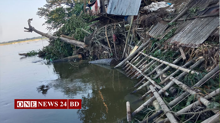 তাড়াইলে নরসুন্দা নদীতে তলিয়ে যাচ্ছে বরুহা গ্রামের সওদাগরপাড়া মানুষের বসতভিটা 