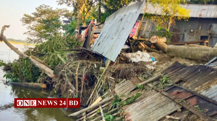 তাড়াইলে নরসুন্দা নদীতে তলিয়ে যাচ্ছে বরুহা গ্রামের সওদাগরপাড়া মানুষের বসতভিটা  